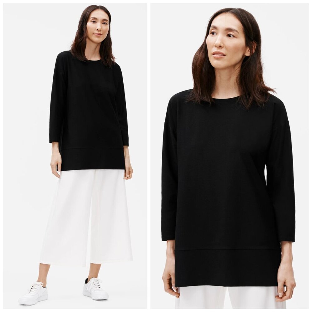 EILEEN FISHER Organic Cotton Tunic Top Stretch Black size PS Minimalist Casual